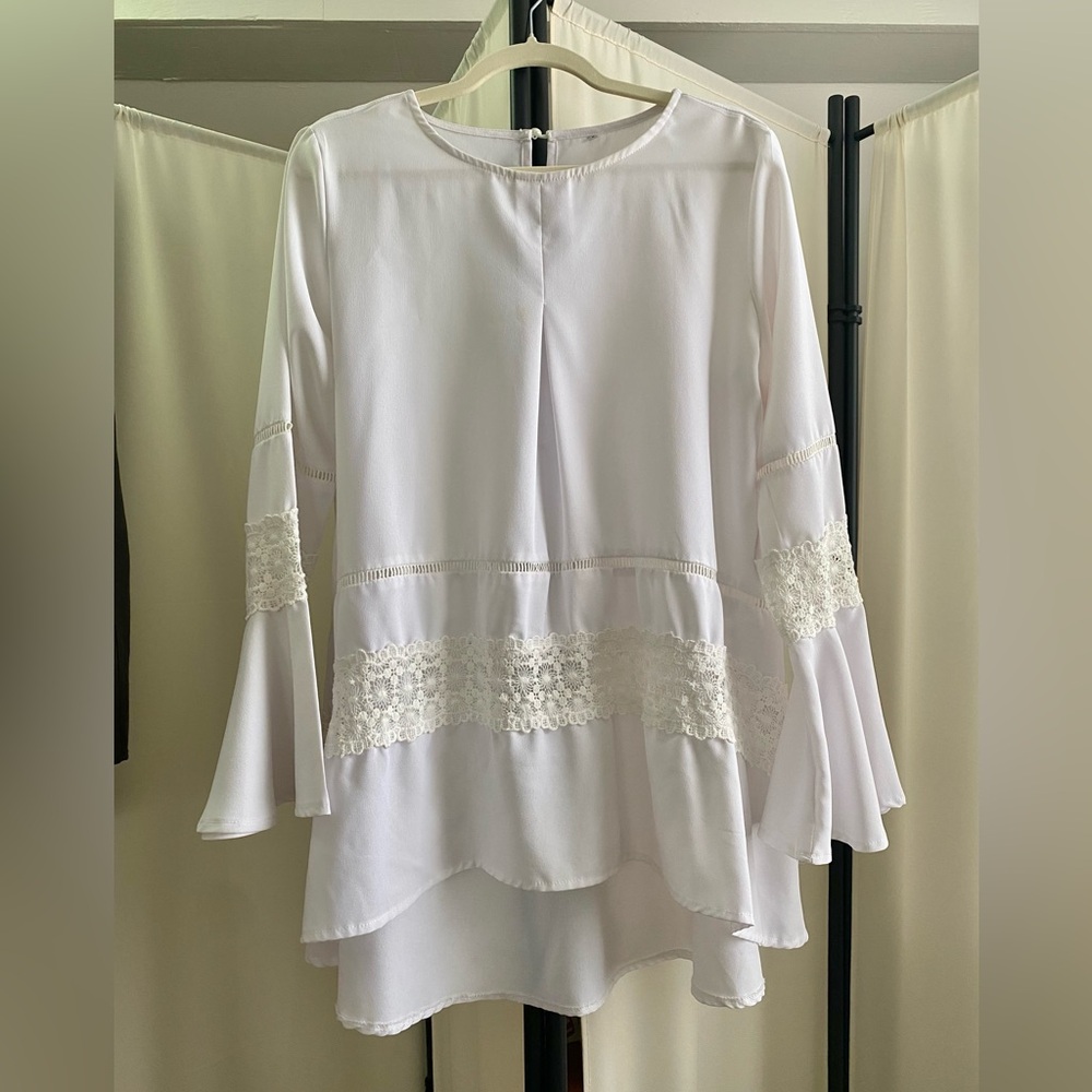 White Lace-Trim Bell Sleeve Women's Top/cover up!